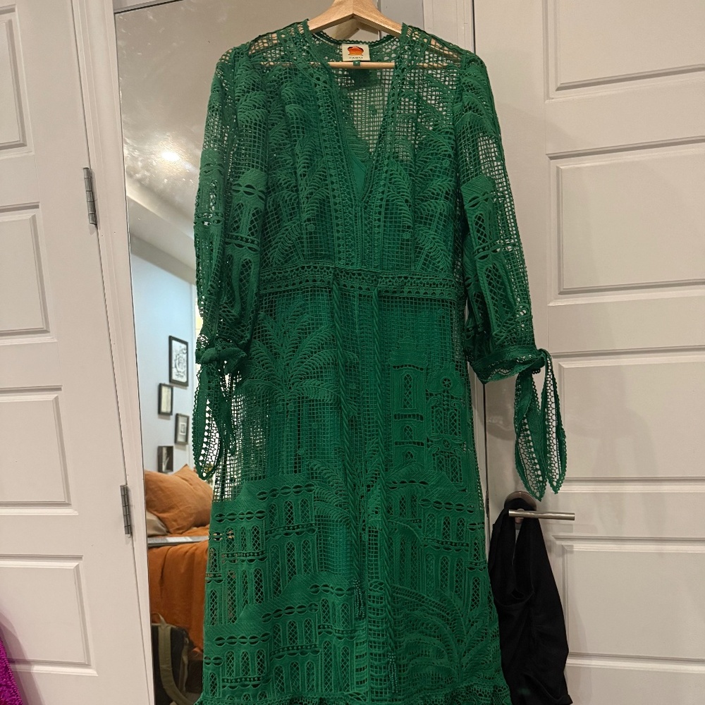 Farm Rio Morada Boa Guipure Lace Maxi Dress Green M